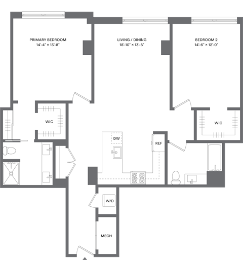Floor plan for 2 beds, 2 baths, 1260 sqft